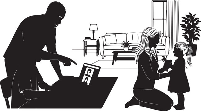 Smiling Black Parents Sitting On Couch Reading A Bedtime Story Together With Their Little Son During Night Time.