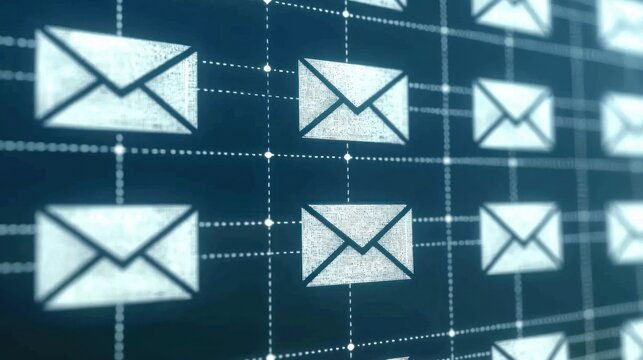 Futuristic Email Grid Digital email envelope icons connected by dotted line network on dark blue communication technology global messaging system
