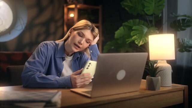 Bored young woman scrolling on smartphone instead of working on laptop in home office