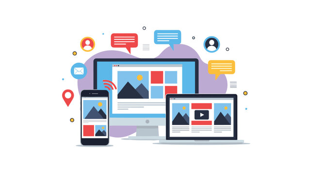 Responsive web design and multi-device compatibility concept showing a desktop, laptop, and smartphone with synchronized website content.