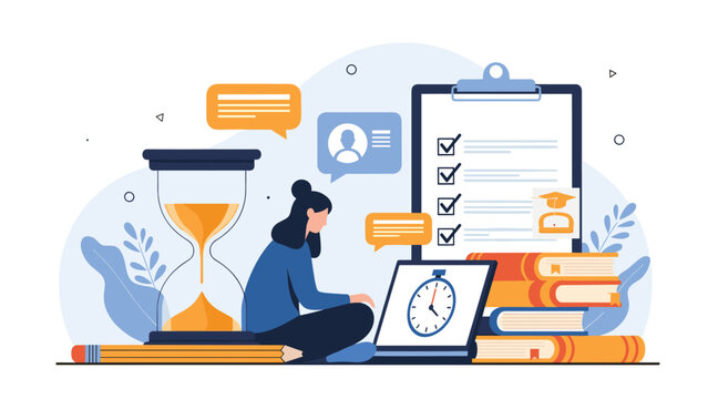 Focused student manages study time effectively using an hourglass and a digital laptop while completing a comprehensive checklist.