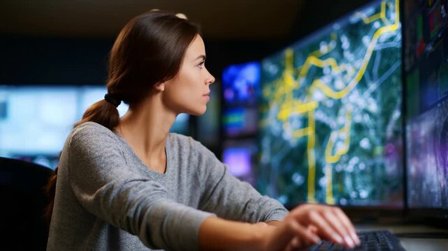 Focused woman working intently at a computer station, analyzing complex data on multiple screens in a high-tech environment showcasing maps and graphics.