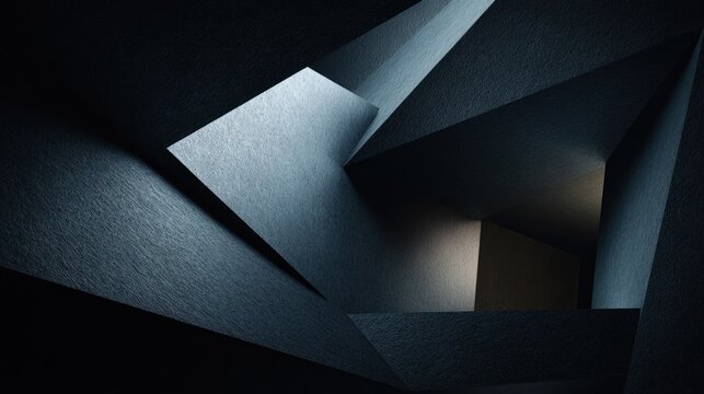 Complex arrangement of dark, textured geometric planes creates an abstract architectural void.