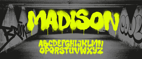 Naklejka na ściany i meble Urban graffiti spray paint alphabet with drips, street art lettering on grunge underground wall background, vector illustration