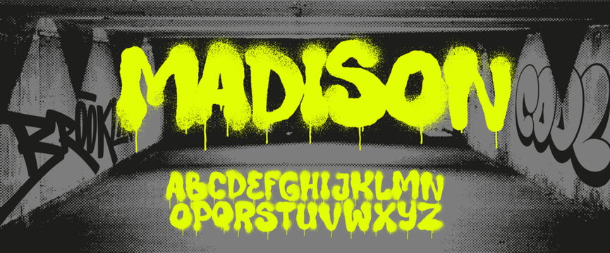 Urban graffiti spray paint alphabet with drips, street art lettering on grunge underground wall background, vector illustration