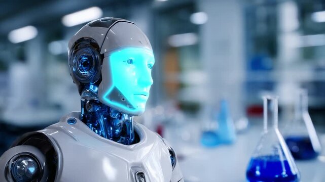 A futuristic humanoid robot with glowing features stands in a modern laboratory, surrounded by colorful chemical flasks and an innovative scientific environment.
