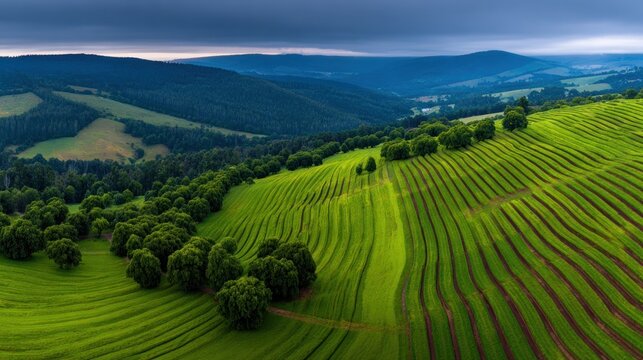 Rolling green cultivated fields descend toward distant forested hills under a dramatic sky