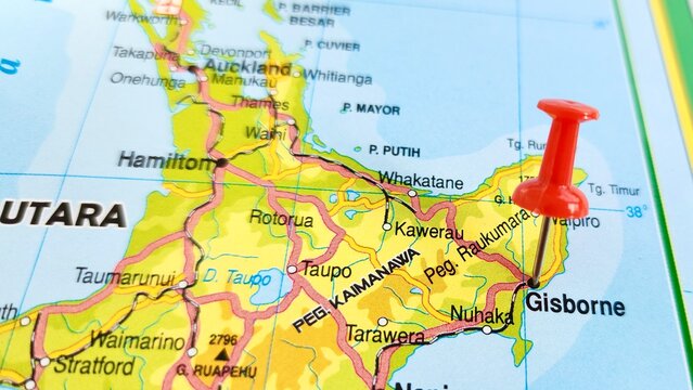 View of Gisborne, is a city in northeastern New Zealand and the largest settlement in the Gisborne District on a geographical map of Australia and New Zealand, marked with red push pin