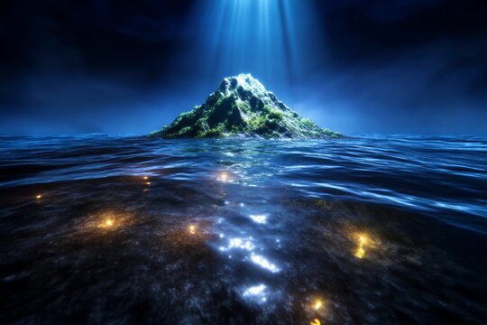 Majestic Volcanic Seamount Rising From Ocean Floor with Faint Light on Water Surface