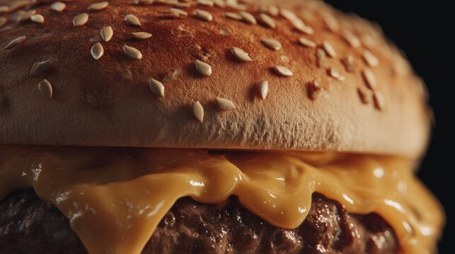 Savory ground meat patty covered in melted cheese sits beneath a sesame seed bun in close up.