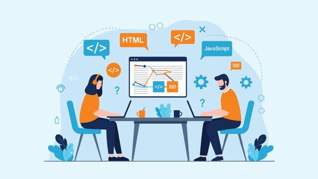 Pair of web developers sitting at a table and coding together with various programming language icons floating in the background.
