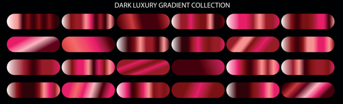 Dark luxury gradient collection, 24 premium red and pink metallic swatches, elegant ruby and rose gold color palettes for graphic design