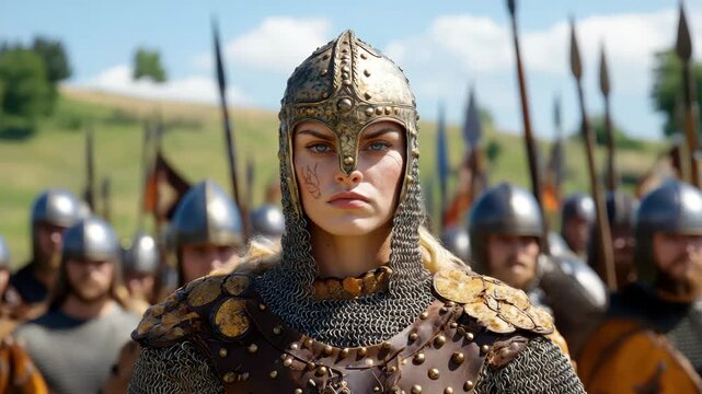 Valiant Vanguard: A resolute warrior, armored in gleaming chainmail and a formidable helmet, stands at the vanguard, her gaze unwavering as she leads her troops into battle.