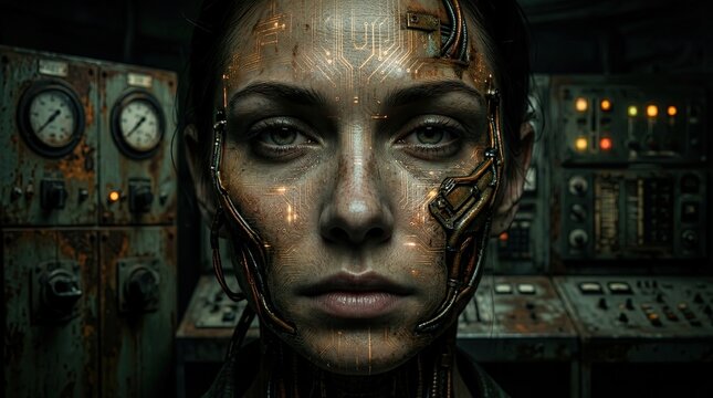 Cyborg face closeup portrait, human robot hybrid with glowing circuit patterns on skin, steampunk mechanical parts, dystopian sci-fi atmosphere