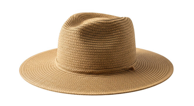 A straw hat with a wide brim and indented crown