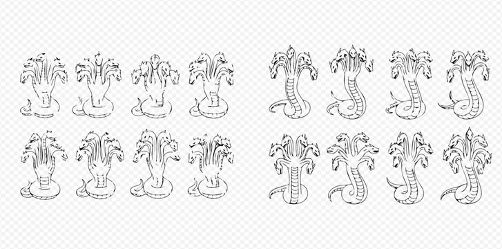 Set of mythical hydra monster heads with multiple snake heads in various poses, line art illustration.
