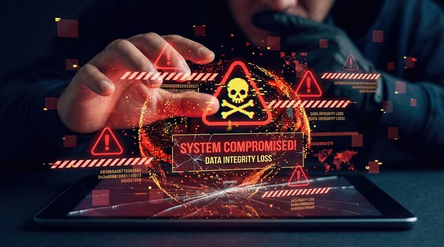 Cyber security concept, system compromised alert with skull icon on digital tablet screen, data integrity loss warning for hacker attack and malware infection in business