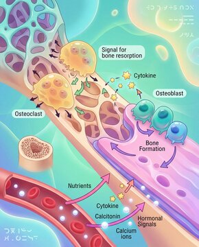 Vibrant biological diagram illustrating the intricate cellular processes of bone remodeling, including resorption, formation, and calcium exchange within the body