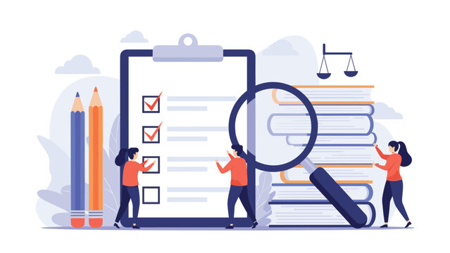 Legal and compliance audit concept showing people checking a list with a magnifying glass, books, and scales of justice.