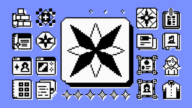 Monochrome black 8 bit pixel vector icons set including starburst symbol on blue background for graphic design