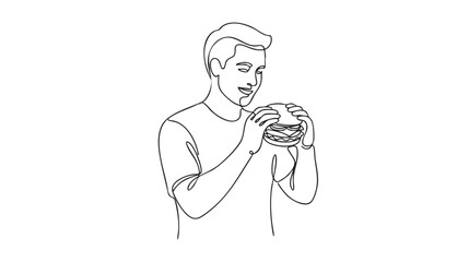 Obraz premium A line drawing captures a smiling man holding a large hamburger, presented in a simple, modern style against a stark white background.