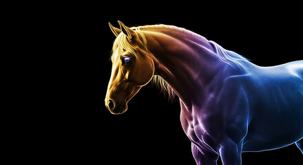 Fototapeta premium Dynamic, vibrant, majestic horse glows with fluid gradient colors, capturing powerful equine essence in abstract illuminated digital art