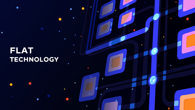 Flat vector illustration of smart technology ecosystem with glowing blue circuits and orange squares on dark background with stars