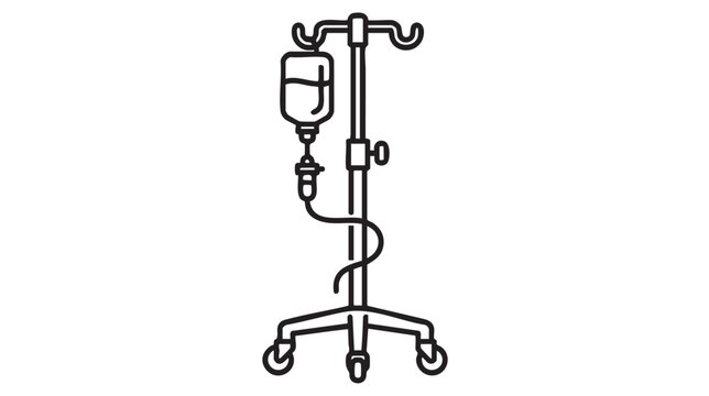 A simple, clean line drawing of an IV drip stand, featuring a hook for the bag, an adjustable pole, and a wheeled base, set against a white background.