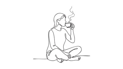 Obraz premium A minimalist line drawing depicts a woman sitting cross-legged, holding a steaming cup of coffee to her lips, conveying a moment of quiet enjoyment and relaxation.