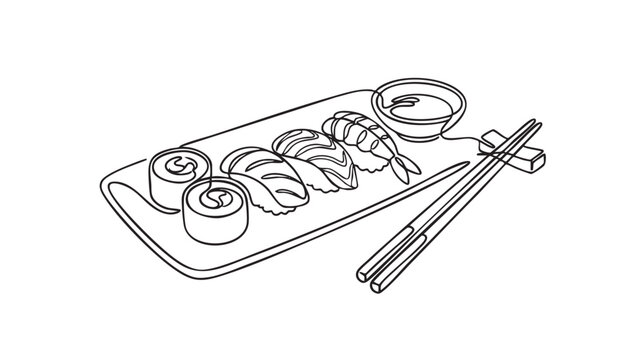 Minimalist line art of a sushi platter featuring nigiri and maki rolls, served with chopsticks and soy sauce, on a white background.