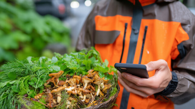 Forager wearing rain jacket harvesting wild mushrooms from urban park after morning rain, identification app open on phone, reusable cloth bag with chickweed and wood sorrel collec