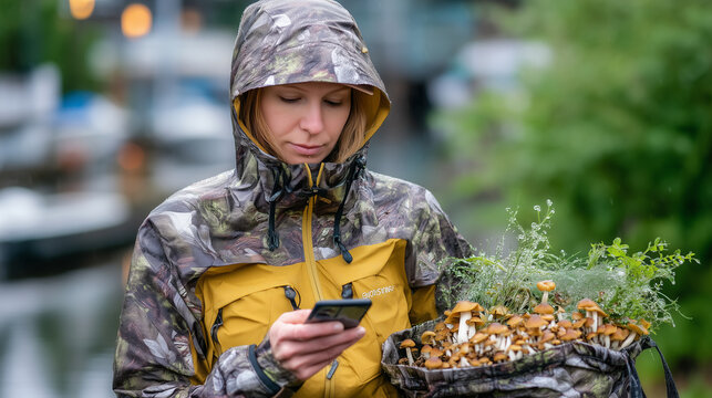 Forager wearing rain jacket harvesting wild mushrooms from urban park after morning rain, identification app open on phone, reusable cloth bag with chickweed and wood sorrel collec
