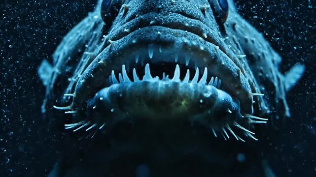 Deep sea anglerfish close up in dark underwater ocean
