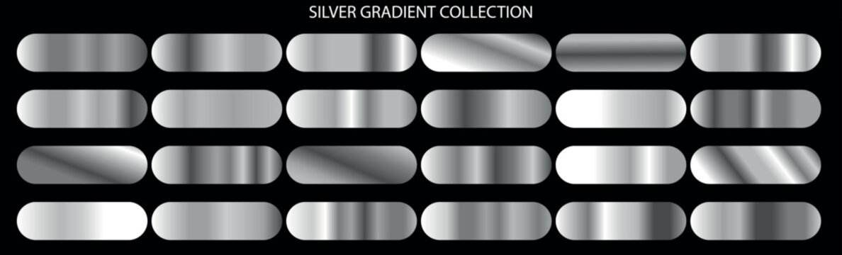 Silver gradient collection, 24 metallic chrome swatches in EPS format, luxury polished steel textures, glossy platinum metal color palette