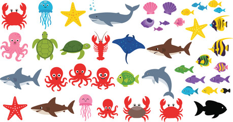 Obraz premium Cute Underwater Animal Set with Colorful Sea Creatures, Marine Life Icons, Fish, Crabs, Sharks, Turtles, and Jellyfish for Kids