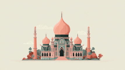 Fototapeta premium Beautiful minimalist graphic of a pink and turquoise mosque or palace. This stylized architectural artwork features clean lines, pastel colors, and decorative elements perfect for travel and culture.