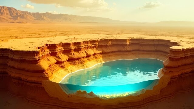 Desert arc deep pit with clear water reflecting the sun