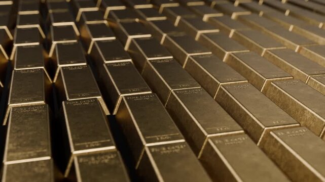 Rows of shiny fine gold bars stacked in a vault, each engraved with weight and purity markings