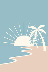 Dibujo sencillo con líneas de un paisaje con la palma en una playa con sol asomando por el horizonte  © teracreonte