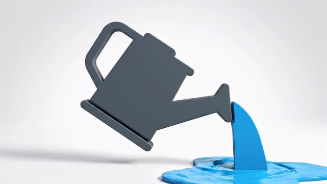 Vibrant 3D rendered watering can icon pouring bright blue liquid onto a pristine surface, symbolizing growth, investment, and resource allocation for success