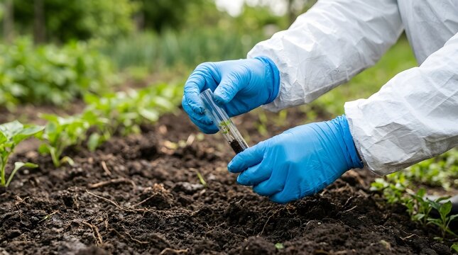 Researcher in PPE collecting a soil sample from cultivated land, performing environmental assessment for plant health and agricultural sustainability
