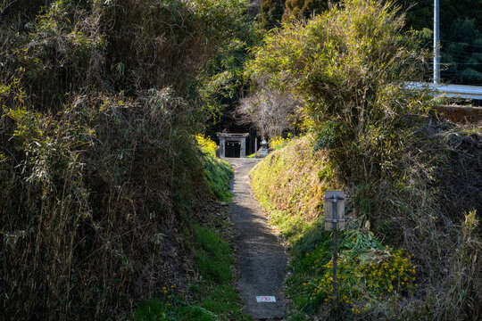 線路と下野熊埜社の参道の風景（豊後大野市）