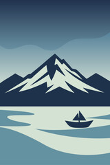 Logo agencia de viajes. Dibujo sencillo de un paisaje nocturno con las siluetas de un paisaje con una isla con una montaña nevada, olas y un barco de vela © teracreonte