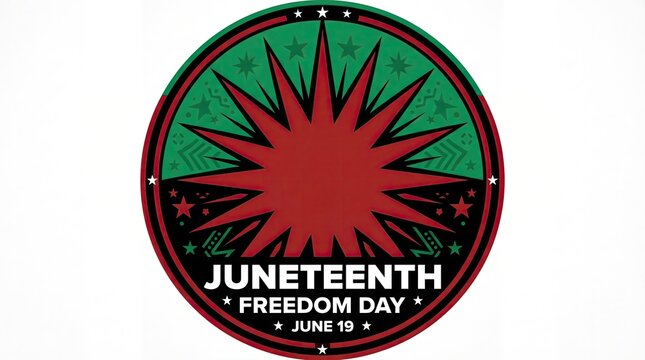 A circular emblem commemorating a significant American holiday, featuring a red starburst on a green background with a red border