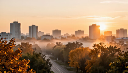 Fototapeta premium The city skyline is visible at sunrise, with buildings and trees highlighting the scene. Fog blankets the area, adding a tranquil quality to the morning light.