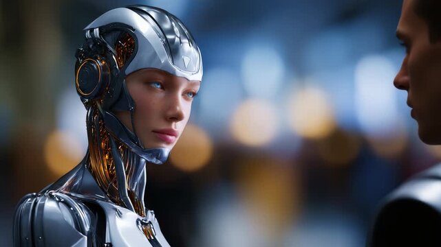A futuristic encounter between a humanoid robot and a human, portraying the advancements in technology and artificial intelligence in a captivating setting.