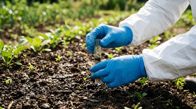 Environmental scientist in protective suit collecting soil sample for detailed analysis, investigating agricultural health, and monitoring potential contaminants