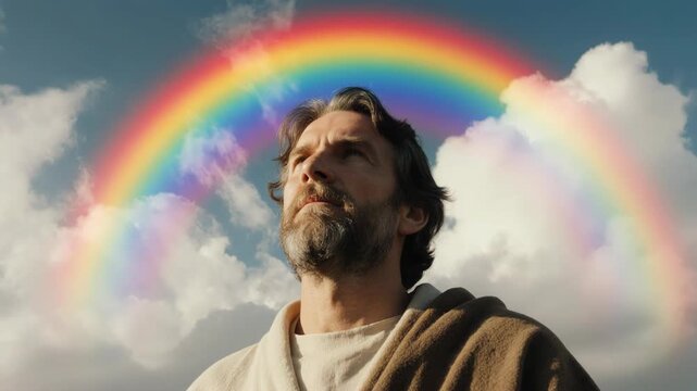 Noah looking up at a vibrant rainbow in the sky. Sign of the biblical covenant after the flood. Copy space for text