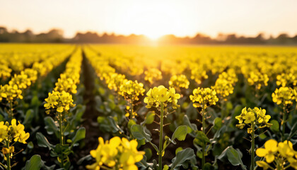 Obraz premium A field of bright yellow flowers stretches under the setting sun. The sun casts a warm light over the vibrant flowers, highlighting the beauty of nature.