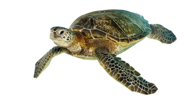 Majestic marine sea turtle swimming gracefully with an intricately patterned brown and olive green shell isolated on transparent background